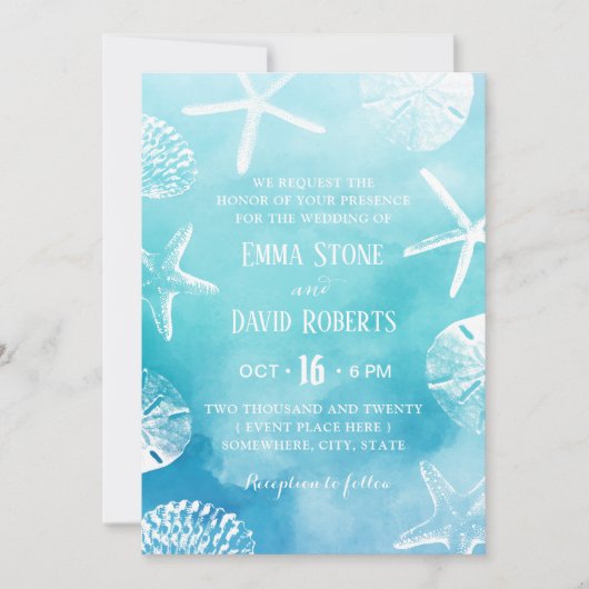 Waterverf strandwieg en zeeshells kaart (Voorkant)