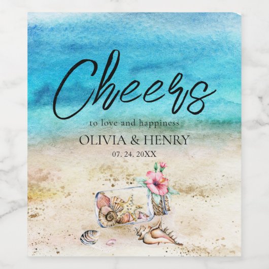 Waterverf strandwieg en zeeshells wijn etiket (Enkel label)