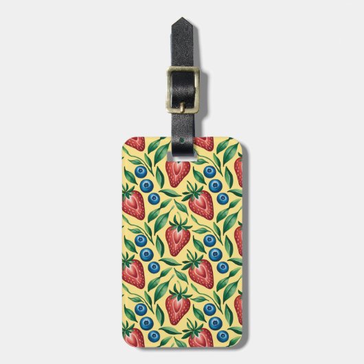 Waterverf Strawberry Blueberry Pattern op Geel Bagagelabel (Voorkant verticaal)