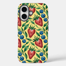 Waterverf Strawberry Blueberry Pattern op Geel iPhone 16 Hoesje
