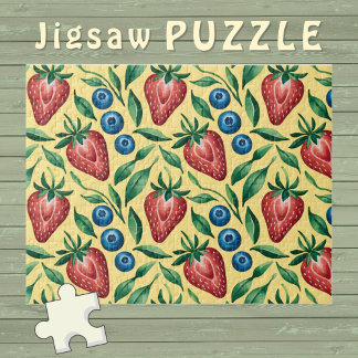 Waterverf Strawberry Blueberry Pattern op Geel Legpuzzel