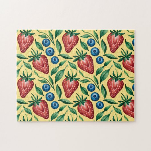 Waterverf Strawberry Blueberry Pattern op Geel Legpuzzel (Horizontaal)