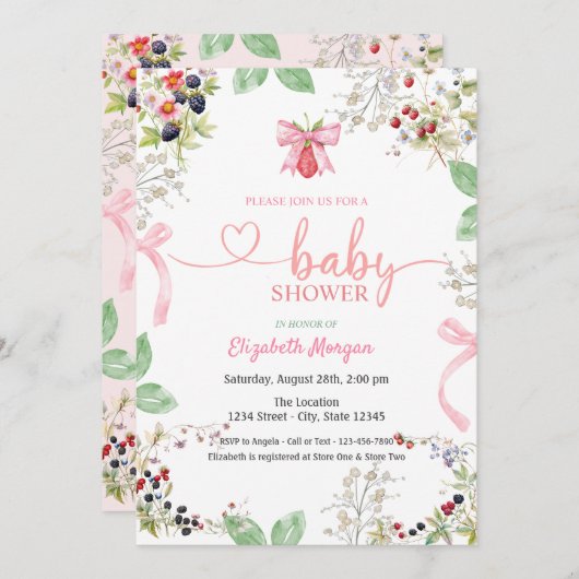 Waterverf Strawberry Bow Raspberry Baby shower Kaart (Voorkant / Achterkant)