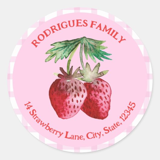 Waterverf Strawberry Roze en Rood Retour Adres Ronde Sticker (Voorkant)