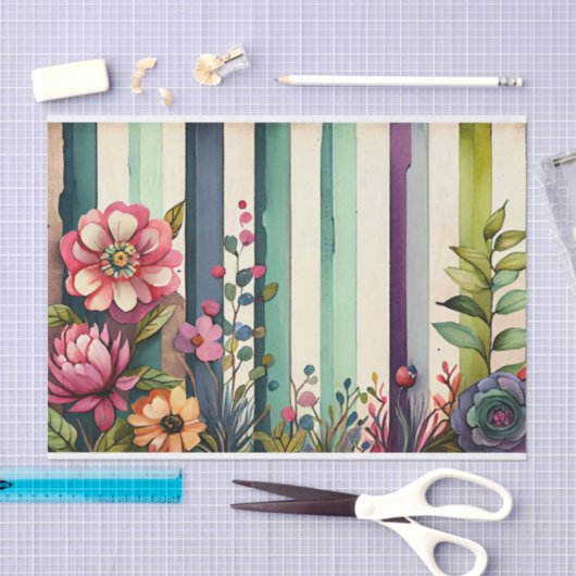 Waterverf Streep Paarse Groene Bloemen Decoupage Tissuepapier (Craft)