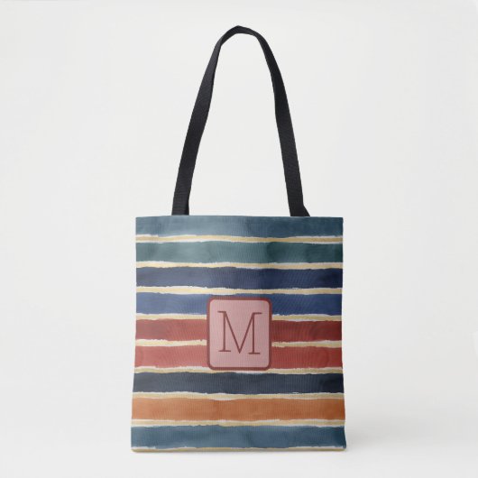 Waterverf Strepen Baksteen Kleurblok Monogram Tote Bag (Voorkant)