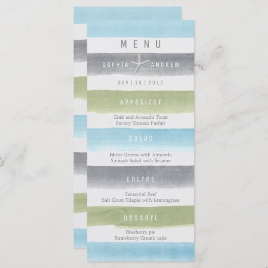 Waterverf strepen rustiek strand bruiloft menu (Voorkant / Achterkant)