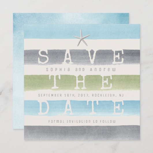 Waterverf strepen strand bruiloft opslaan van de d save the date (Voorkant / Achterkant)