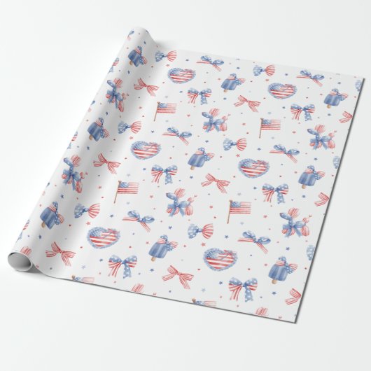 Waterverf Strik Bogen 4 Juli Patroon Cadeaupapier (Uitgerold)