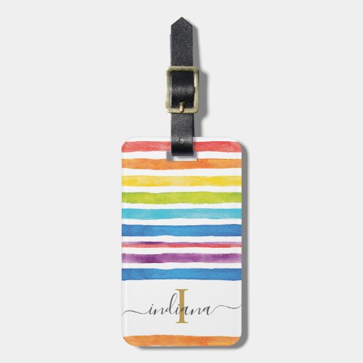 Waterverf Stripe Monogram Script Aangepast Bagagelabel (Voorkant verticaal)