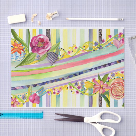 Waterverf Stripe Speelse Whimsy Flowers Decoupage Tissuepapier (Craft)