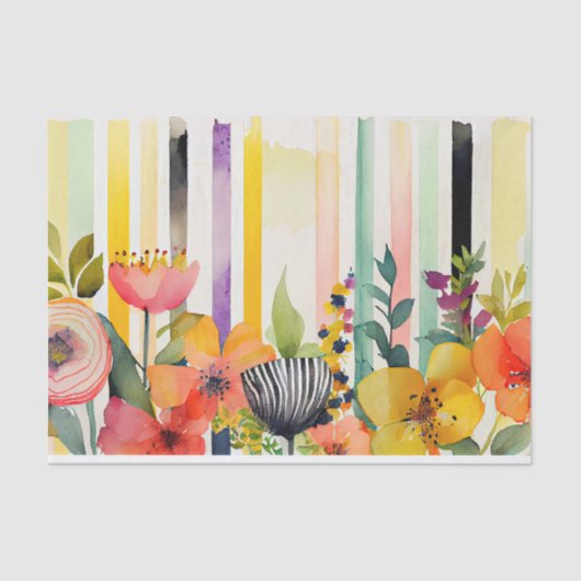 Waterverf Stripe Speelse Whimsy Flowers Decoupage Tissuepapier (Voorkant)