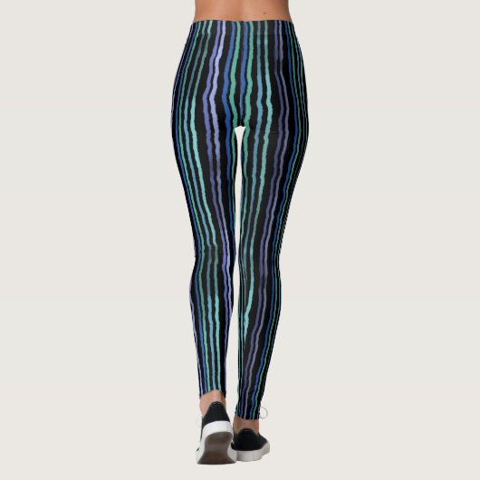 Waterverf Stripes, blauw, groen, Lila op zwart Leggings (Achterkant)