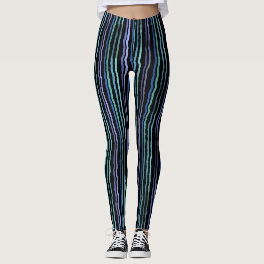 Waterverf Stripes, blauw, groen, Lila op zwart Leggings (Voorkant)