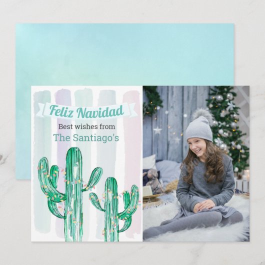 Waterverf Stripes Cactus Feliz Navidad Kerstmis Feestdagenkaart (Voorkant / Achterkant)