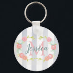Waterverf Stripes en Floral Monogram Sleutelhanger<br><div class="desc">Moderne  strepen en een bloemig vormontwerp in pastelwaterverven om u aan te passen met naam en initiaal.</div>