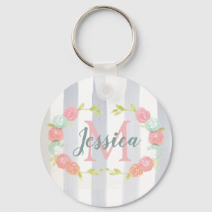 Waterverf Stripes en Floral Monogram Sleutelhanger
