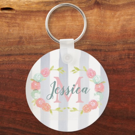 Waterverf Stripes en Floral Monogram Sleutelhanger (Achterkant)