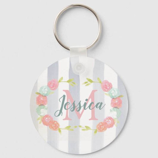 Waterverf Stripes en Floral Monogram Sleutelhanger (Achterkant)