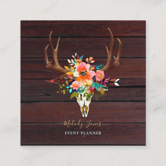 WATERVERF STROMEN, RUSTISCHE BOHO SKULL+ARROW+WOOD VIERKANTE VISITEKAARTJE (Voorkant)