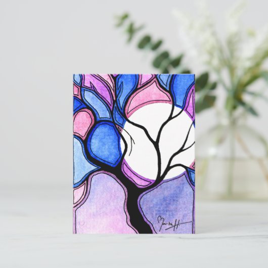 Waterverf, structuur en maan - blauw en roze briefkaart (Staand voorkant)