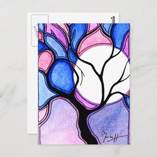 Waterverf, structuur en maan - blauw en roze briefkaart (Voorkant / Achterkant)