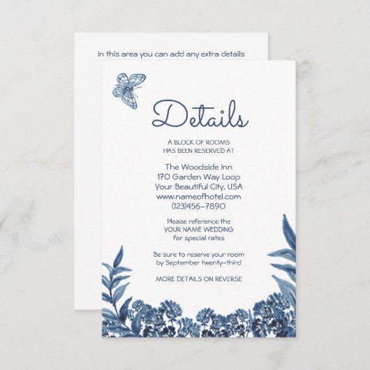 Waterverf Stusty Blue Floral — Accomodations Informatiekaartje (Voorkant / Achterkant)