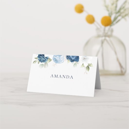 Waterverf Stusty Blue Floral Wedding Plaatskaartje (Voorkant)