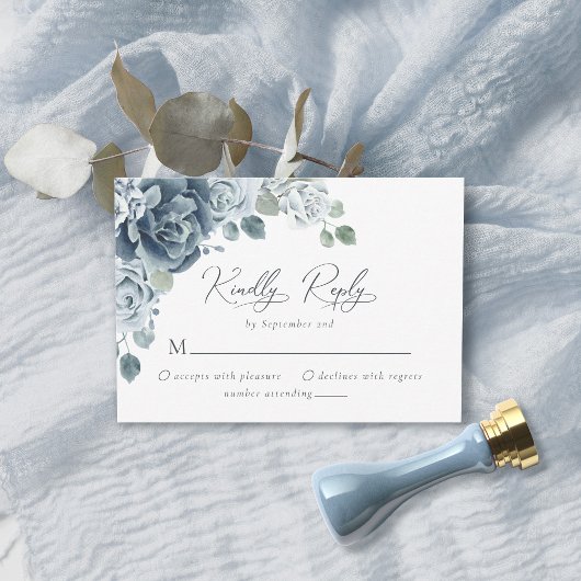 Waterverf Stusty Blue Floral Wedding RSVP Kaartje