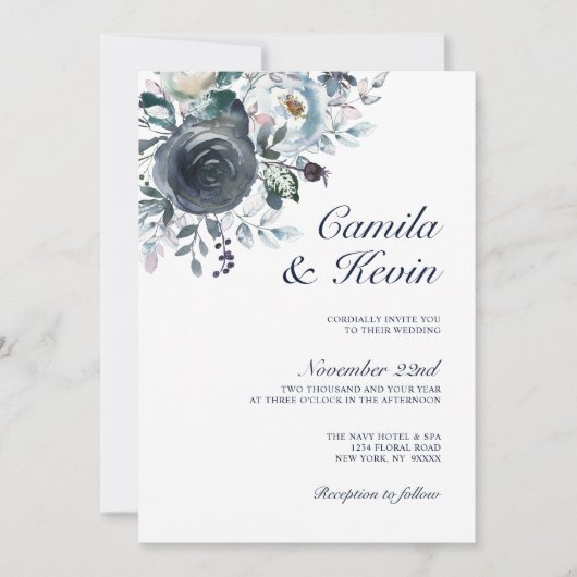 Waterverf Stusty Blue Navy Floral Wedding Kaart (Voorkant)