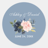 Waterverf Stusty Blue Pink Floral Wedding Ronde Sticker (Voorkant)