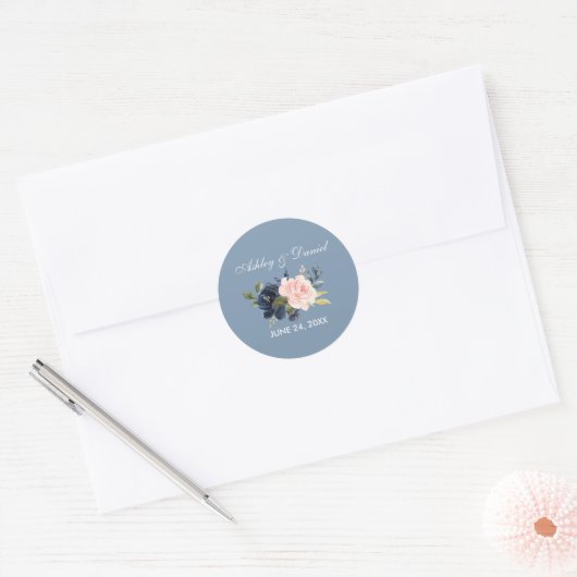 Waterverf Stusty Blue Pink Floral Wedding Ronde Sticker (Envelop)