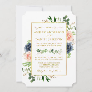Waterverf Stusty Blue Roze Roses Gold Wedding Kaart