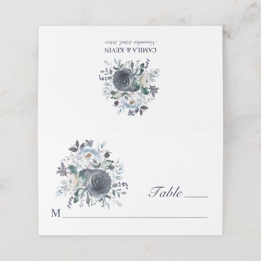 Waterverf Stusty Navy Blue Floral Wedding Plaatskaartje (Buitenkant ongevouwen)