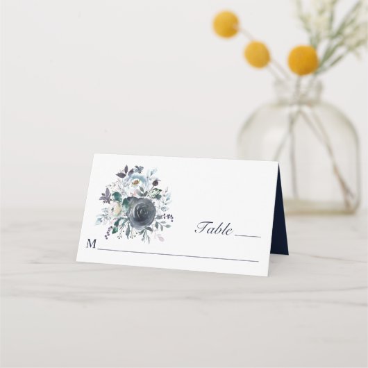 Waterverf Stusty Navy Blue Floral Wedding Plaatskaartje (Voorkant)