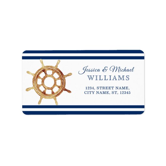 Waterverf stuurwiel Nautical Navy Stripes Etiket (Voorkant)