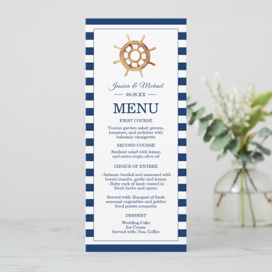 Waterverf stuurwiel Nautical Navy Stripes Menu (Staand voorkant)