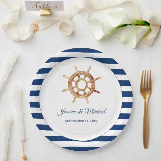 Waterverf stuurwiel Nautical Navy Stripes Papieren Bordje (Huwelijk)