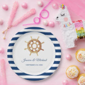 Waterverf stuurwiel Nautical Navy Stripes Papieren Bordje (Feest)