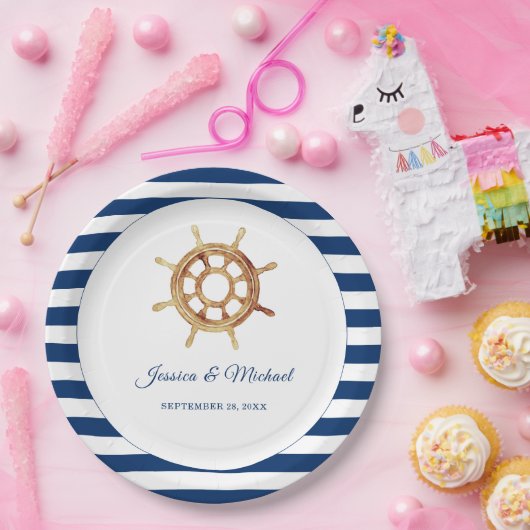 Waterverf stuurwiel Nautical Navy Stripes Papieren Bordje (Feest)