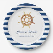 Waterverf stuurwiel Nautical Navy Stripes Papieren Bordje (Voorkant)