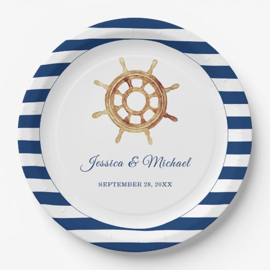 Waterverf stuurwiel Nautical Navy Stripes Papieren Bordje (Voorkant)