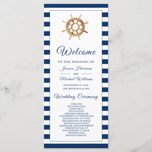 Waterverf stuurwiel Nautical Navy Stripes Programmakaart (Voorkant)