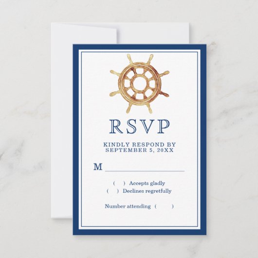Waterverf stuurwiel Nautical Navy Stripes RSVP Kaartje (Voorkant)