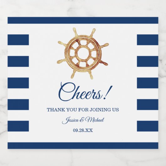 Waterverf stuurwiel Nautical Navy Stripes Sparkling Wijnetiket (Enkel label)