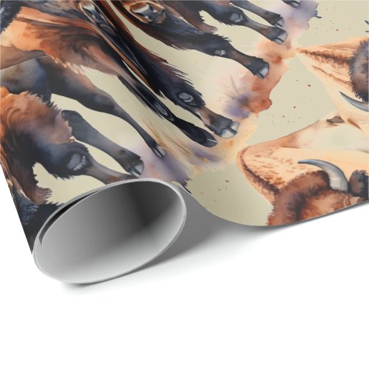 Waterverf Style Bison Buffalo Animal Pattern Art Cadeaupapier (Rol Hoek)