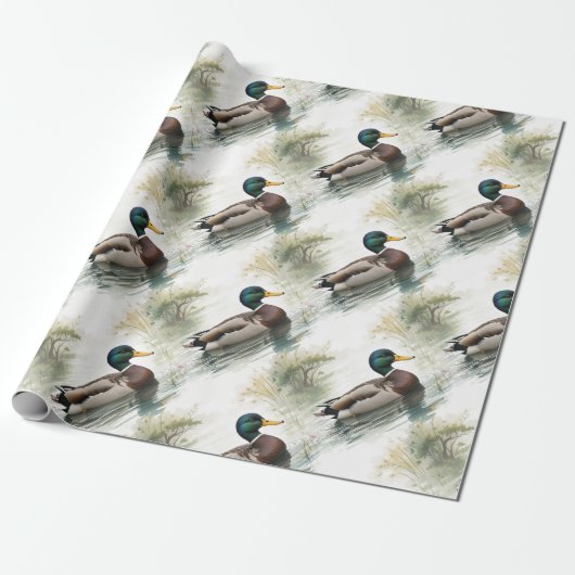 Waterverf Style Mallard Duck Bird Zwemmeer Cadeaupapier (Uitgerold)