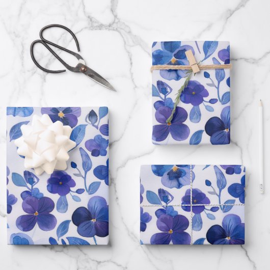 Waterverf Style Pansies Paarse Blauwe Bloemprint Inpakpapier Vel (Voorkant)