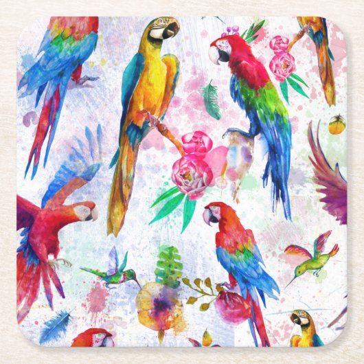 Waterverf Style Parrots 2 Kartonnen Onderzetters (Voorkant)