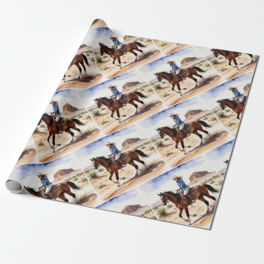 Waterverf Style Woman Girl Trail Horseback Cadeaupapier (Uitgerold)